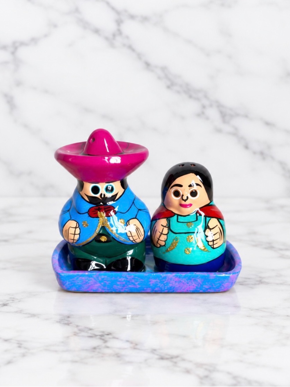 Mexican Pottery Salt And Pepper Shakers With Under Plate